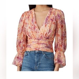 AMUR Pink and Orange Ruffled Puff Sleeve Blouse